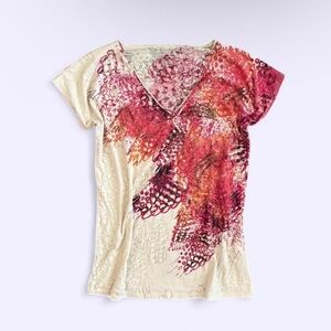 Calvin Klein Jeans Beaded V Neck Print Tee Cream Red Burgundy Pink